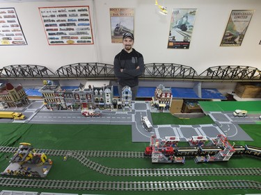 Andre Lalonde has made a Traffic Bridge replica out of Lego to go along with the rest of his train display, seen January 12, 2016 in Saskatoon.
