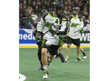 Saskatchewan Rush #88 Zack Greer against the Vancouver Stealth in the Rush's first game at SaskTel Centre bringing national league lacrosse to Saskatoon,  January 15, 2016.