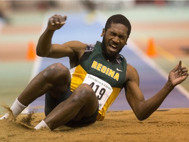 Arthur Ward from the University of Regina competes in the triple jump during the Sled Dog Open at the Saskatoon Field House, January 16, 2016.