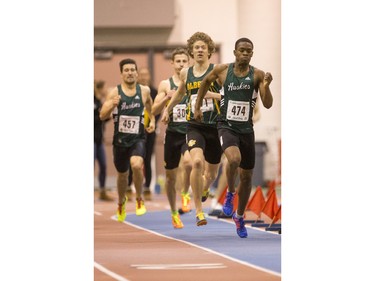 Garrett Peters from the University of Saskatchewan takes the lead during the Sled Dog Open at the Saskatoon Field House, January 16, 2016.