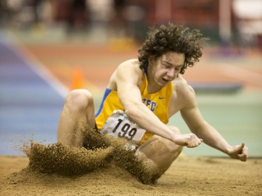 Kieran Johnston from Saskatoon Track and Field competes in the triple jump during the Sled Dog Open at the Saskatoon Field House, January 16, 2016.