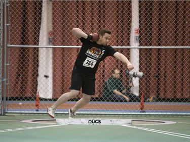 Steve Link from the University of Calgary competes in the shot put during the Sled Dog Open at the Saskatoon Field House, January 16, 2016.