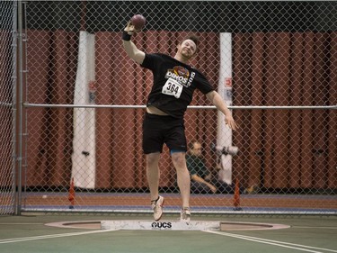 Steve Link from the University of Calgary competes in the shot put during the Sled Dog Open at the Saskatoon Field House, January 16, 2016.