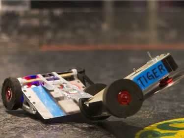 Battle robots fight during the Kilobots tournament at Spectrum at the College of Engineering of the University of Saskatchewan campus on January 17, 2016.