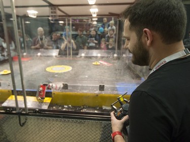 Battle robots fight during the Kilobots tournament at Spectrum at the College of Engineering of the University of Saskatchewan campus on Sunday, January 17th, 2016.