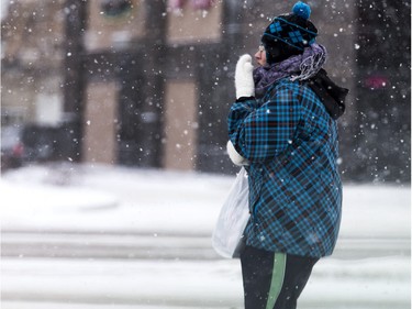 Pedestrians in Saskatoon were bundled up for the extreme windchill and snow in the city, January 18, 2016.