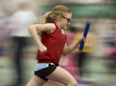Lots of fast actions at the elementary school relays at the Knights of Columbus Indoor games, January 28, 2016.