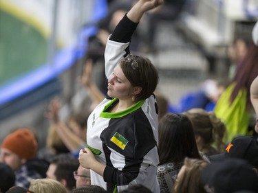 Saskatchewan Rush fans celebrate.