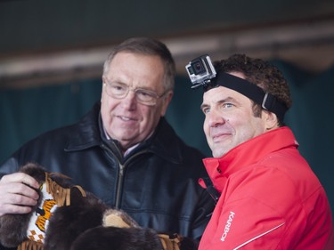 Mayor Donald J. Atchison (L) and television personality Rick Mercer (R) make opening statements before the world record attempt for the largest snowball fight on January 31, 2016.