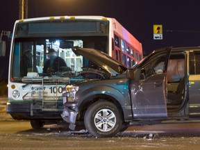 SASKATOON, SASK.; JANUARY 6, 2016 - 0107 news accident   A 1/2 ton truck's air bags popped after colliding with a city transit bus causing traffic tie ups during the monring rush hour at Kenderdine Road and Attridge Drive, January 6, 2016. (GordWaldner/Saskatoon StarPhoenix)