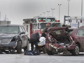 This two car accident left at least one occupant injured and taken by ambulance to hospital tying up traffic east bound for a couple of hours, January 6, 2016.