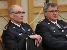 Acting Saskatoon police Chief Bernie Pannell, right, seen here in 2015 with police Chief Clive Weighill, says a property crime increase in Saskatoon in 2015 can be linked to the drug trade.