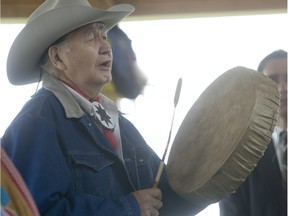 Allen Sapp sang a a traditional song at the re-opening of Wanuskewin in 2010.