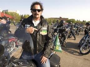 Kim Coates mounted his Harley ready to leave the parking lot at Kinsmen Park in Saskatoon with 80 other motorcycle riders  to the legislature in Regina for a afternoon protest to the Sask. Party governments budget slashing of the film industry funding, May 14, 2012