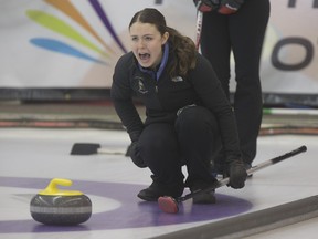 Kourtney Fesser calls a shot during the girl's final game in the provincial junior curling championships at Nutana Curling Club in Saskatoon on  Jan. 6, 2016.