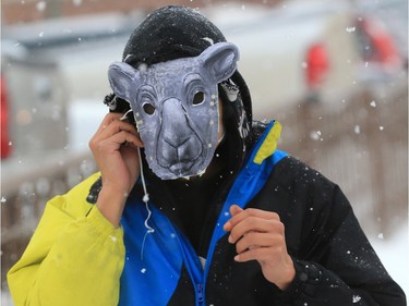 Vernon Kiseyinewakup uses an animal mask to keep warm in high wind chills while walking down 20th Street West,  Monday, January 18, 2016.