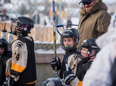 Members of the Saskatoon Aces Cyclones and Bulldogs participate in the Aces Winter Classic in Saskatoon, SK. on Saturday, January 23, 2016.