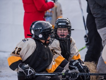 Members of the Saskatoon Aces Cyclones and Bulldogs participate in the Aces Winter Classic in Saskatoon, SK. on Saturday, January 23, 2016.