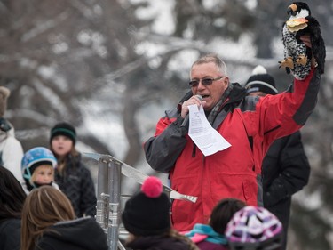Doug Porteous, Manager of Community Development, welcomes the crowd the Skating Party at the rink outside the Delta Bessborough for the PotashCorp Wintershines Festival in Saskatoon, January 24, 2016.