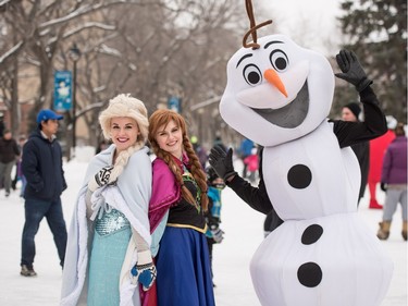 L-R: Elsa, Anna, and Olaf from the Disney movie Frozen visit the Skating Party at the PotashCorp Wintershines Festival in Saskatoon, January 24, 2016.