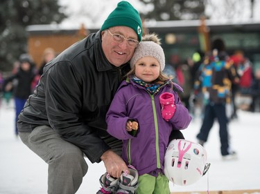 Mayor Don Aitchison and his granddaughter Katarina attend the Skating Party at the PotashCorp Wintershines Festival in Saskatoon, January 24, 2016.