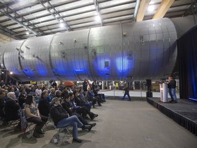 Peter Ballantyne Cree Nation Chief Peter A. Beatty  speaks during a news conference about First Nations investing in JNE Welding. In the background is a 500,000-pound steel pressure vessel destined for an unnamed client in Fort McMurray.