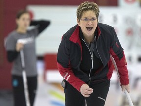 Skip Sherry Anderson throws a stone recently at the Colonial Square Ladies Curling Classic.