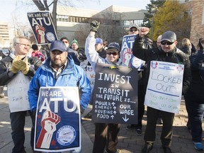 Locked out transit workers rally at city hall during the 2014 transit lockout.