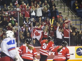 The crowd cheers following a first period Canada goal during their game against Russia during the IIHF Ice Hockey U18 Women's World Championship at the Meridian Centre in St. Catharines on Friday, Jan. 8, 2016.