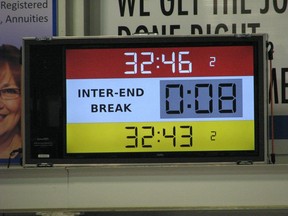 The new score clock in Prince Albert's curling rink.