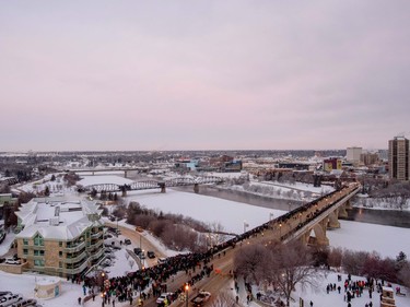 The south two spans of the historic Traffic Bridge, Saskatoon's first vehicle bridge, are demolished on January 10, 2016. Photo taken with a remote camera.