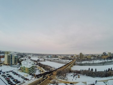 The south two spans of the historic Traffic Bridge, Saskatoon's first vehicle bridge, are demolished on January 10, 2016. Photo taken with a remote GoPro camera.