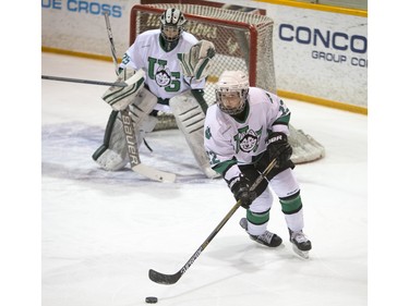 University of Saskatchewan Huskies forward Kennedy Harris moves the puck against the University of Lethbridge Pronghorns in CIS women's hockey action at Rutherford Rink, January 9, 2016.