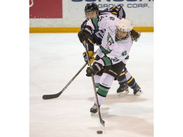 University of Saskatchewan Huskies defence Kira Bannatyne passes the puck against the University of Lethbridge Pronghorns in CIS women's hockey action at Rutherford Rink, January 9, 2016.