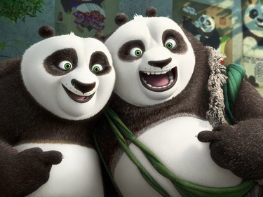 Po, voiced by Jack Black (L) and his long-lost panda father Li, voiced by Bryan Cranston, in "Kung Fu Panda 3."