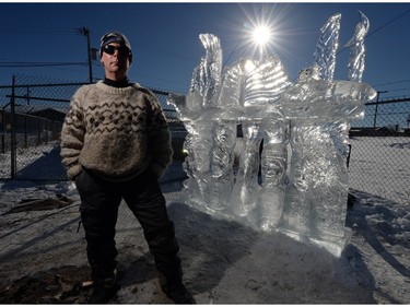 Artist Douglas Lingelbach, of Saskatoon, carved an ice sculpture tilted Impermanence: From the creator to the creator, seen February 23, 2016. The piece incorporates the faces of the four victims of the Jan. 22 shootings in La Loche and was done in conjunction with artist Kevin Bendig of Big River who wrote the story and planned the build of the piece.