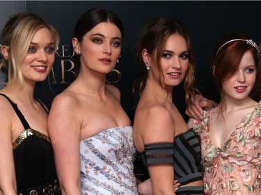 L-R: Actors Bella Heathcoate, Millie Brady, Lily James and Ellie Bamber pose for photographers upon arrival at the premiere of "Pride and Prejudice and Zombies" in London, England, February 1, 2016.