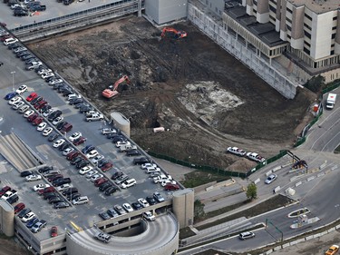 Saskatoon's Royal University Hospital with construction of the new children's hospital underway after removal of the pedestrian walkway, August 20, 2014.