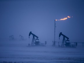 Pumpjacks in a field north of Kindersley.