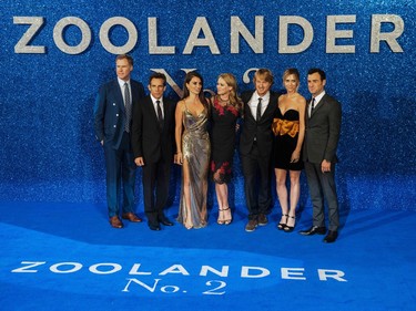 L-R: Actors Will Ferrell, Ben Stiller, Penelope Cruz, Christine Taylor, Owen Wilson, Kristen Wiig and Justin Theroux pose at a screening of "Zoolander 2" in London, England, February 4, 2016.