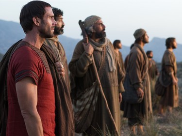 Joseph Fiennes as Clavius (L) with Jesus' disciples in Columbia Pictures' "Risen."