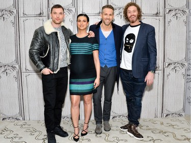 L-R: Actors Ed Skrein, Morena Baccarin, Ryan Reynolds and T.J. Miller participate in AOL's BUILD Speaker Series to discuss "Deadpool" at AOL Studios on February 9, 2016, in New York.