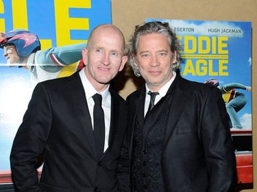 Ski Jumper Eddie Edwards (L) and director Dexter Fletcher attend the "Eddie The Eagle" New York screening at Chelsea Bow Tie Cinemas on February 23, 2016 in New York City.