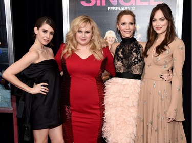 L-R: Actors Alison Brie, Rebel Wilson, Leslie Mann, and Dakota Johnson attend the New York premiere of "How to Be Single" at the NYU Skirball Centre on February 3, 2016 in New York City.