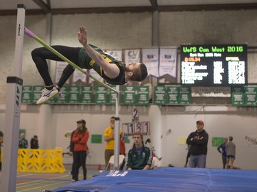 University of Regina Cougars' Mackenzie Dawson competes in the high jump during the Canada West Track and Field championships at the Saskatoon Field House on the U of S campus, February 27, 2016.