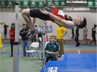 University of Calgary Dinos Collin Hubbard competes in the high jump during the Canada West Track and Field championships at the field house on the U of S campus on Saturday, February 27th, 2016.