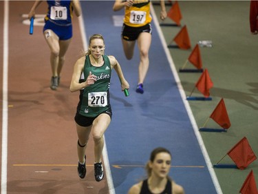 University of Saskatchewan Huskies Ashley Promhouse, #270, races during the Canada West Track and Field championships at the field house on the U of S campus on Saturday, February 27th, 2016.