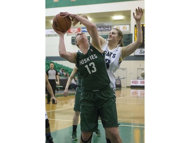 University of Saskatchewan Huskies forward Dalyce Emmerson battles under the net against the University of Brandon Bobcats in CIS Women's Basketball action, February 6, 2016.