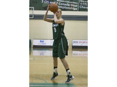 University of Saskatchewan Huskies forward Taya Keujer takes a shot against the University of Brandon Bobcats in CIS Women's Basketball action, February 6, 2016.