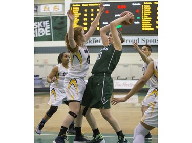 University of Saskatchewan Huskies forward Dalyce Emmerson battles under the net against the University of Brandon Bobcats in CIS Women's Basketball action, February 6, 2016.